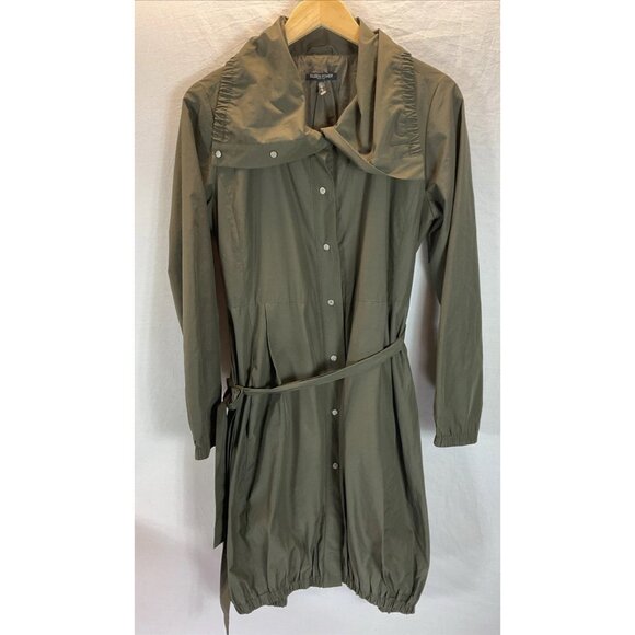 Eileen‎ Fisher Olive green belted Nylon Hooded rain trench jacket coat pet SM - Picture 1 of 11